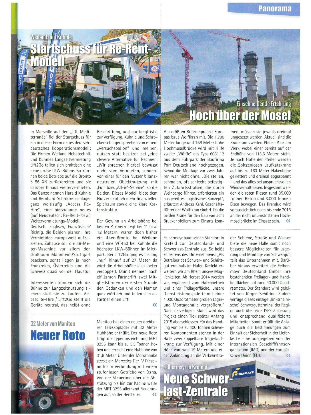 Zeitschriftenseite mit Fotos von Arbeitsbühnen am oberen und unteren Rand.