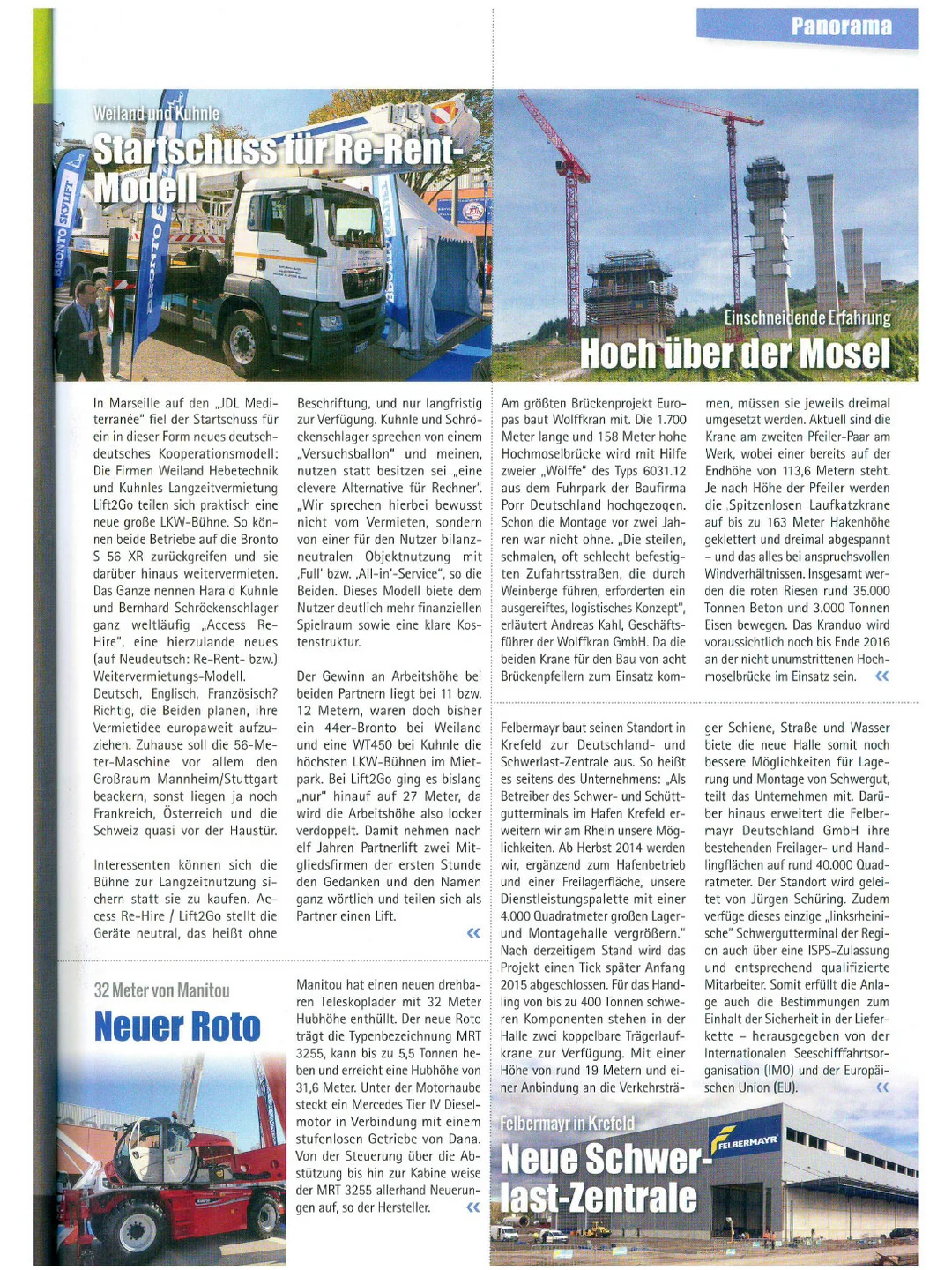 Zeitschriftenseite mit Fotos von Arbeitsbühnen am oberen und unteren Rand.