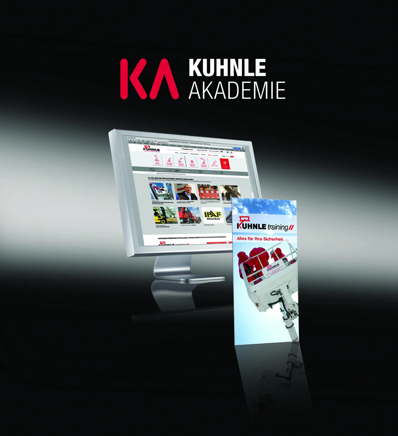 Poster: Kuhnle Logo und Webseite auf Computer- und Handybildschirm, mittig, darüber weißer Lichtstrahl-Effekt, schwarzer Hintergrund.