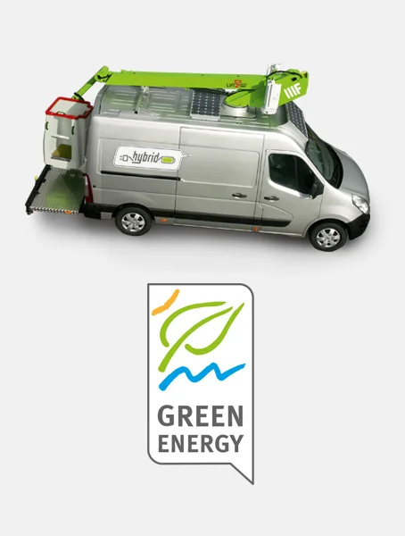 Seitenansicht eines Vans mit Arbeitsbühne in Transportstellung auf weißem Hintergrund.