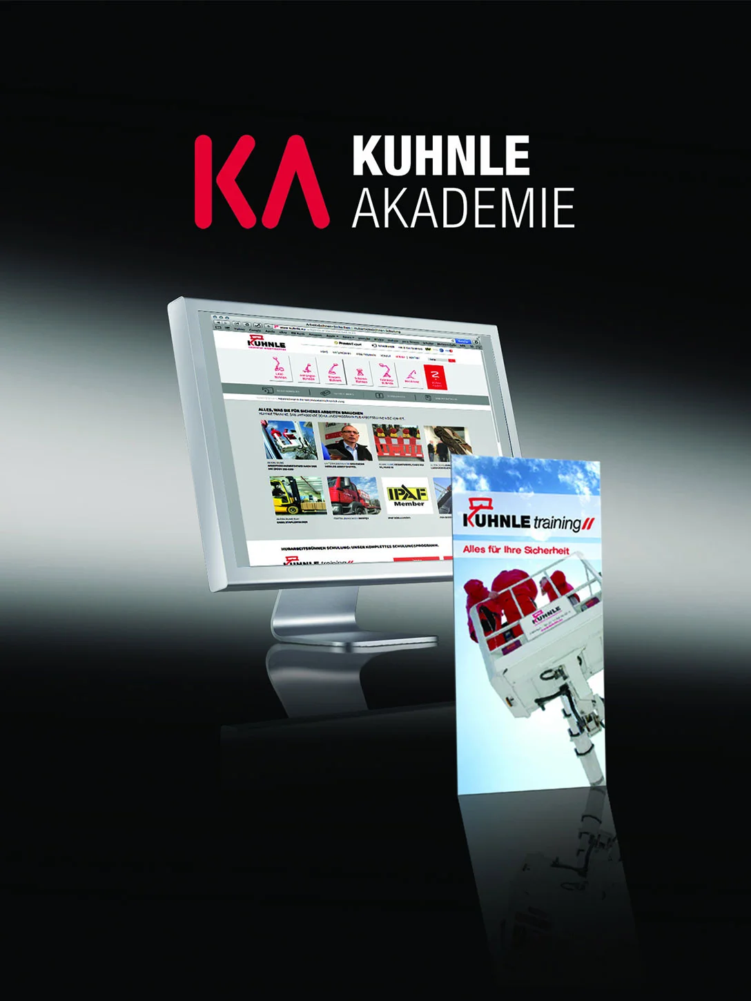 Poster: Kuhnle Logo, darunter Webseite auf Computerbildschirm und Kuhnle TrainingFlyer mittig, darüber weißer Lichtstrahl-Effekt, schwarzer Hintergrund.