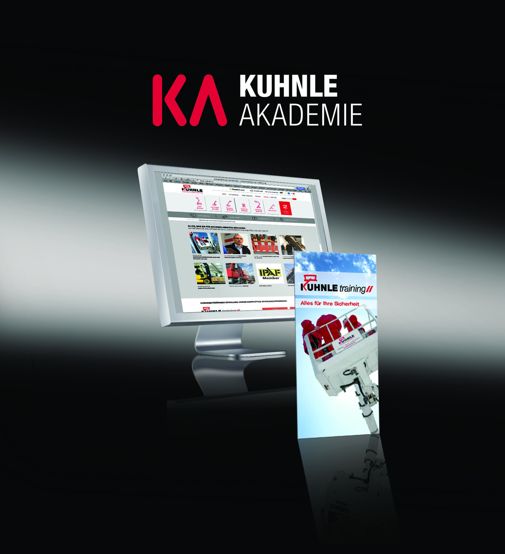 Poster: Kuhnle Logo und Webseite auf Computer- und Handybildschirm, mittig, darüber weißer Lichtstrahl-Effekt, schwarzer Hintergrund.